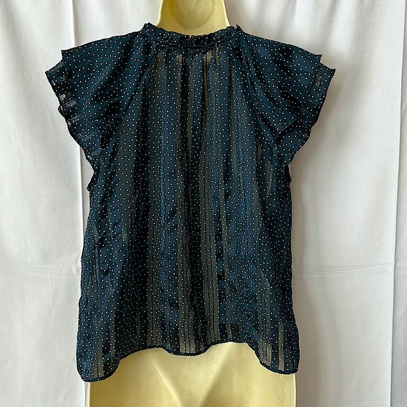 Banana Republic Ruffled Short Sleeve Polka Dot Navy Blue Shirt Top **Size SP** - Picture 2 of 3